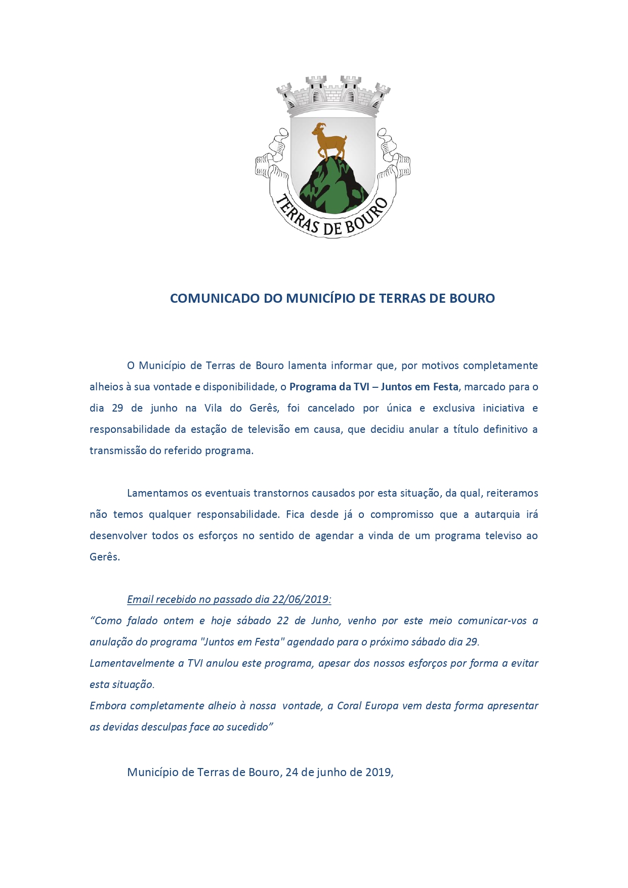 COMUNICADO DO MUNICÍPIO DE TERRAS DE BOURO